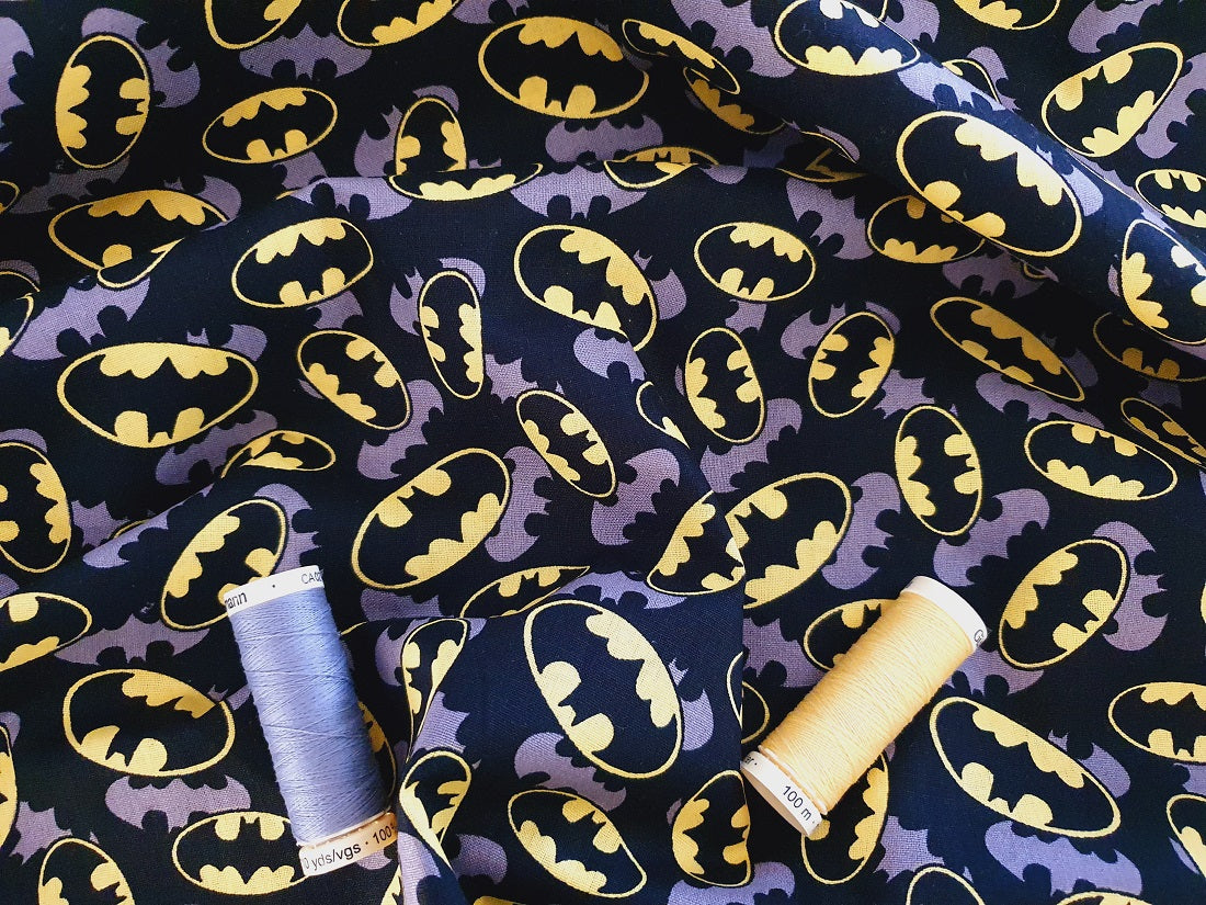 DC Comic Batman Logo Overlay on a Black Background - Licensed 100% Cot -  The Little Fabric Shop