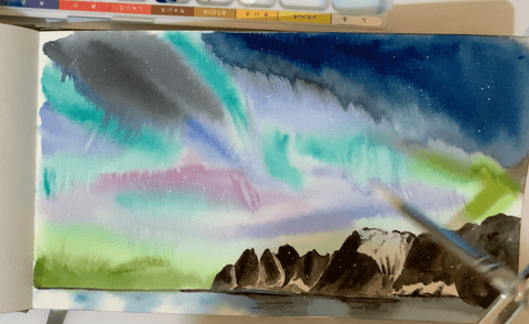 L'oeil_loeilart_youtube_tutorial_watercolor_northern_light_aurora_Lenvik_norway