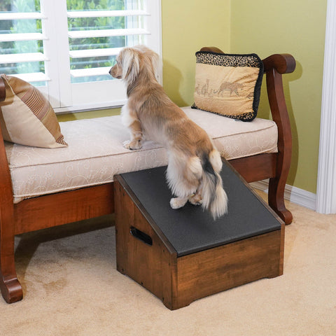 A longhaired Dachshund using her DoggoRamps StepRamp to reach a bench and look out the window