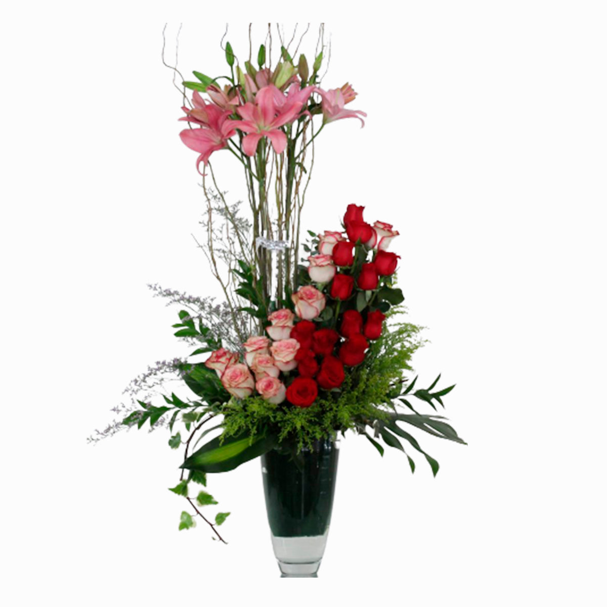 Rosas y lilis especial en florero cristal – Floreria del Valle