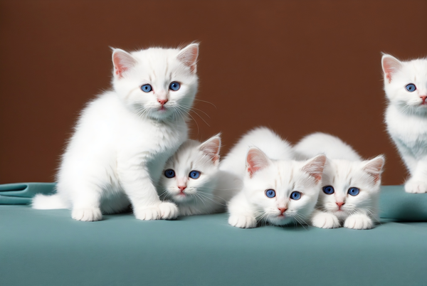 white kittens sitting on top of a blue blanket on a bed with a brown background