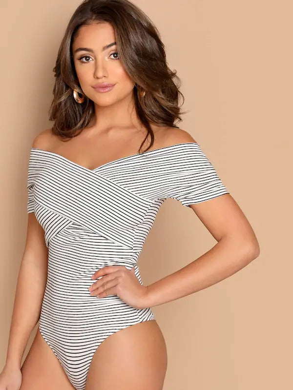 cross wrap off the shoulder bodysuit