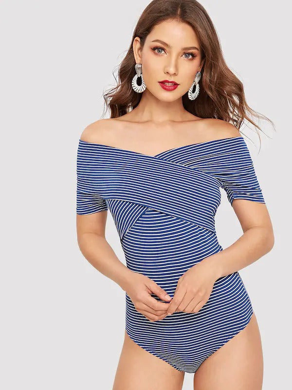 cross wrap off the shoulder bodysuit