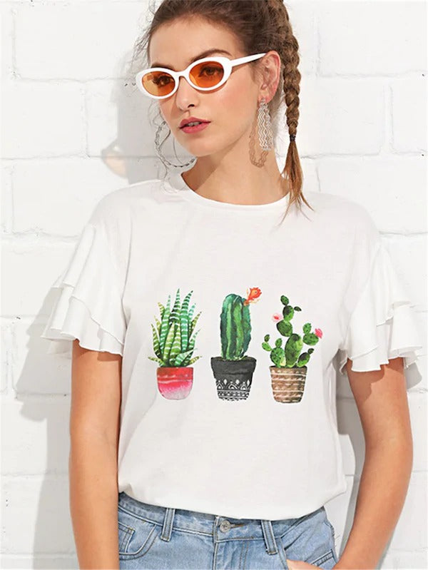 Download Layered Butterfly Sleeve Cactus Print Tee Gagodeal