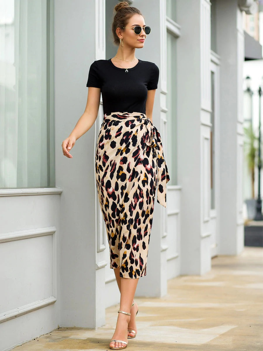 leopard wrap tie skirt