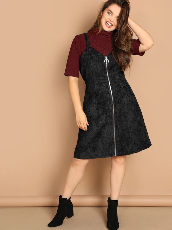 black zip up pinafore dress