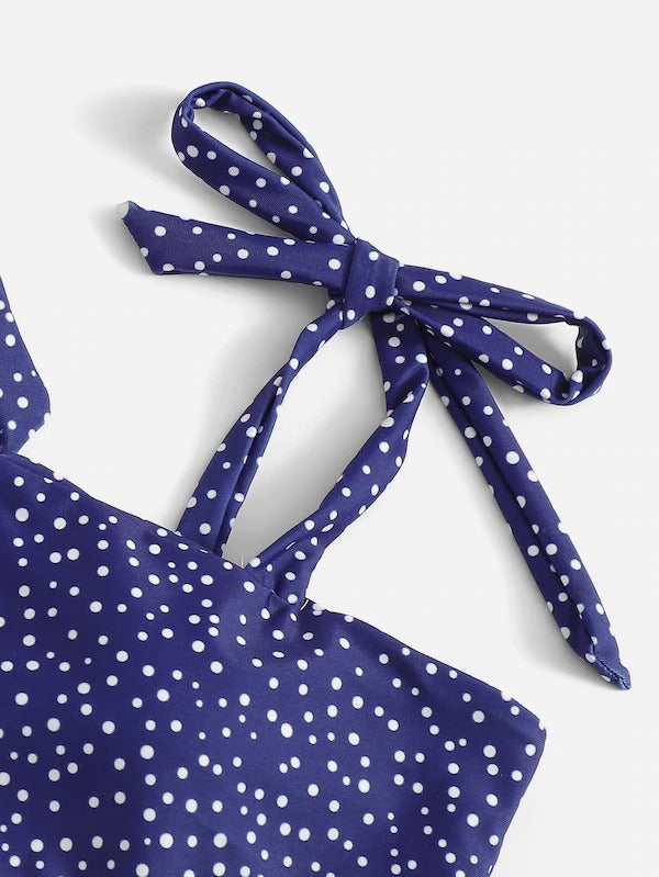 polka dot tie shoulder top with high waist bikini