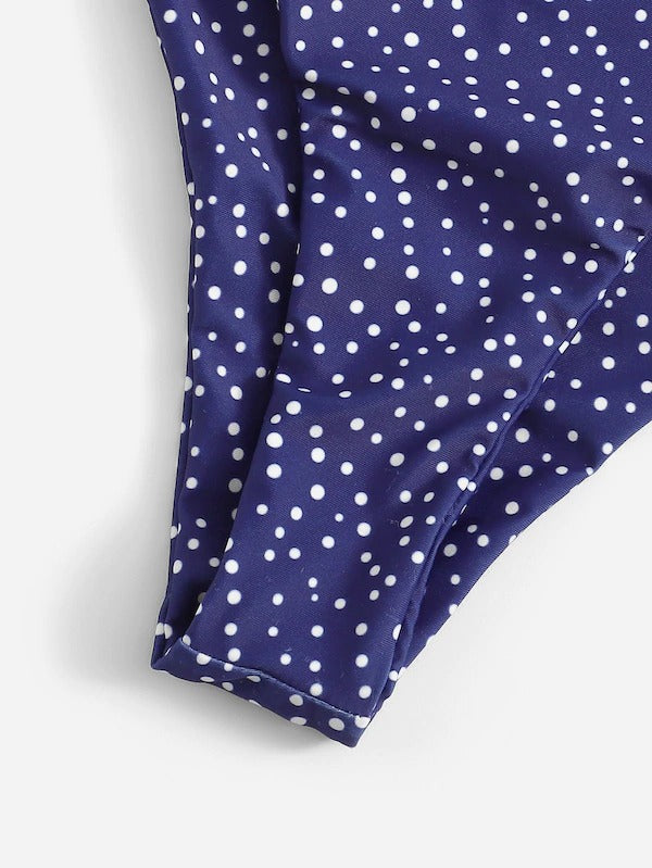 polka dot tie shoulder top with high waist bikini