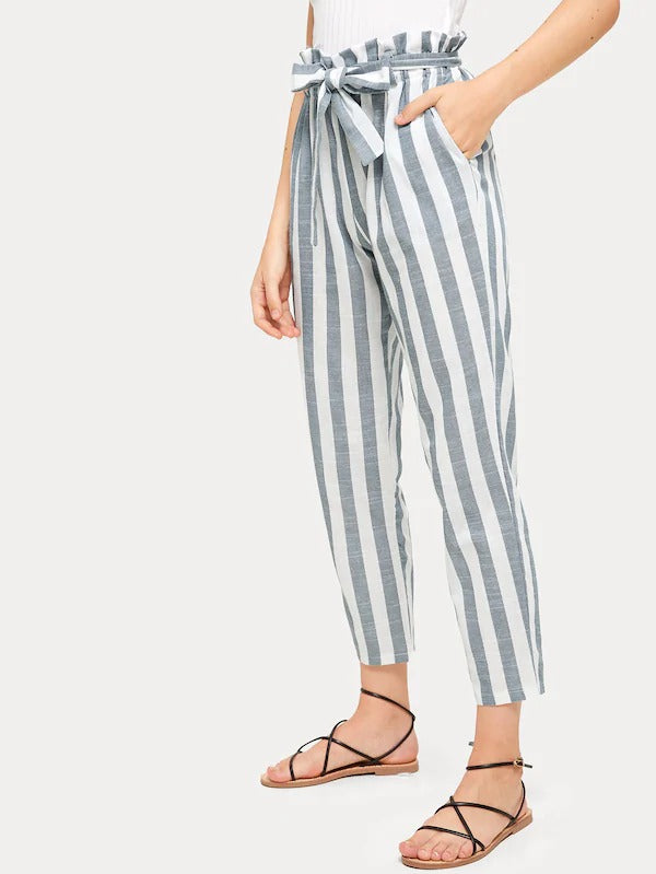 vertical striped frill belted pants