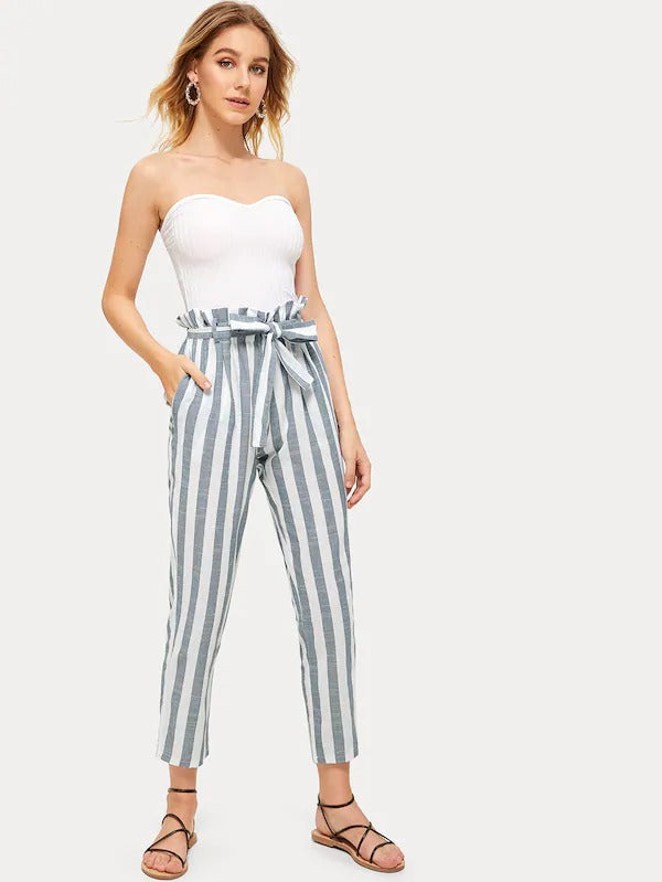 vertical striped frill belted pants