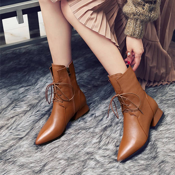 leather women's boots low heel