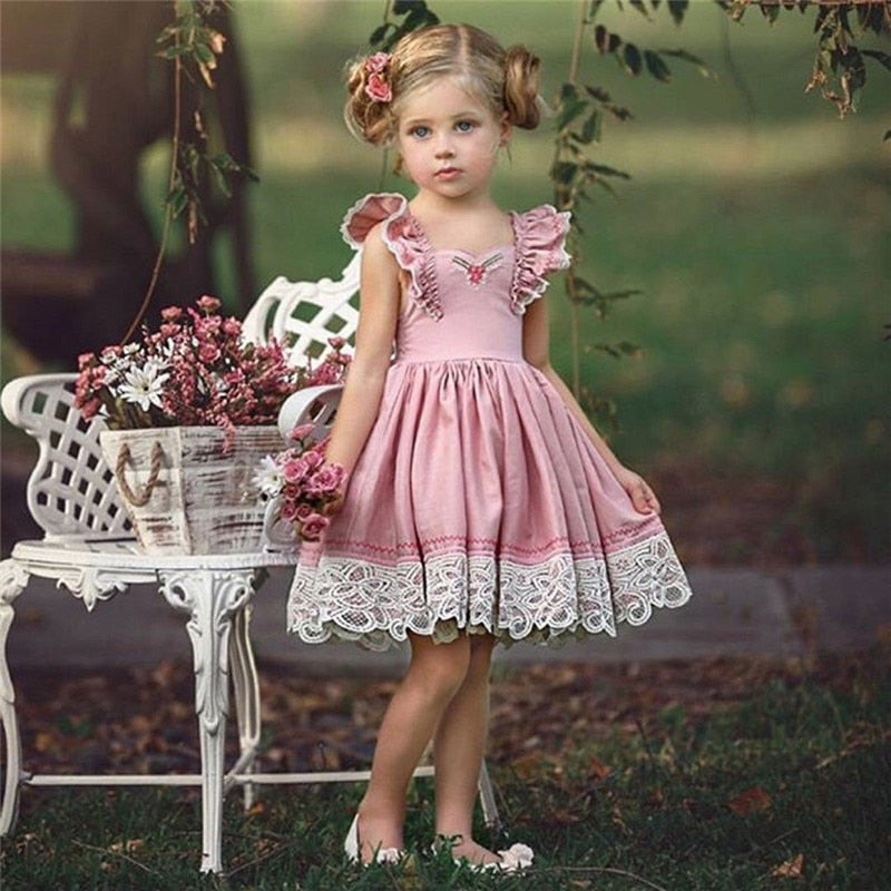 Adorable Girls cleeveless Ruffle Lace Party square collar backless Mini ...