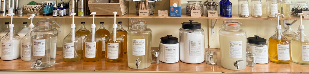 Refill shop collection of zero waste bulk products in Asheville, NC.