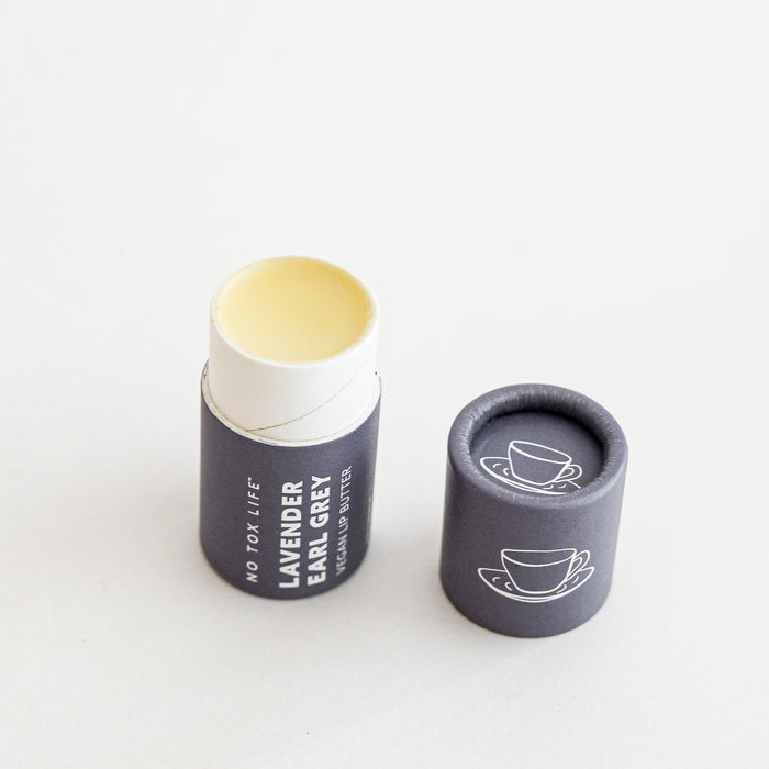Lavender earl grey lip balm from No Tox Life. Compostable packaging.