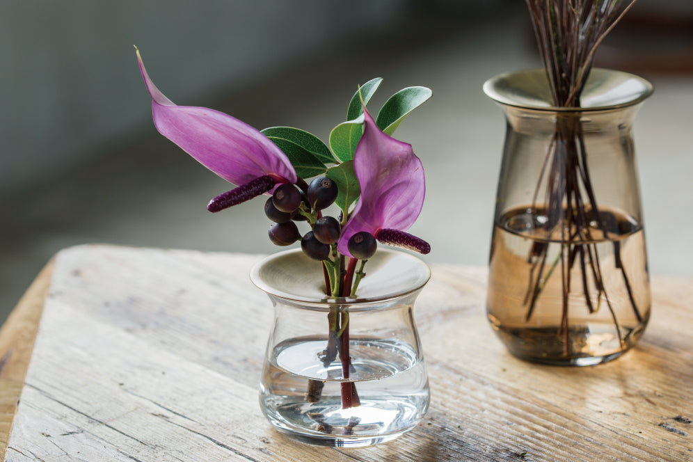 Tulip Anthuriums with Rhaphiolepis Umbellata in a clear LUNA vase 