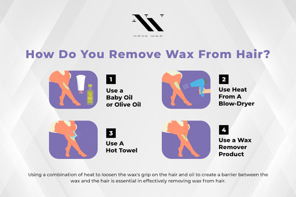 how to remove wax from hair. use a baby oil or olive oil, use heat from a blow dryer, use a hot towel, use a wax remover product