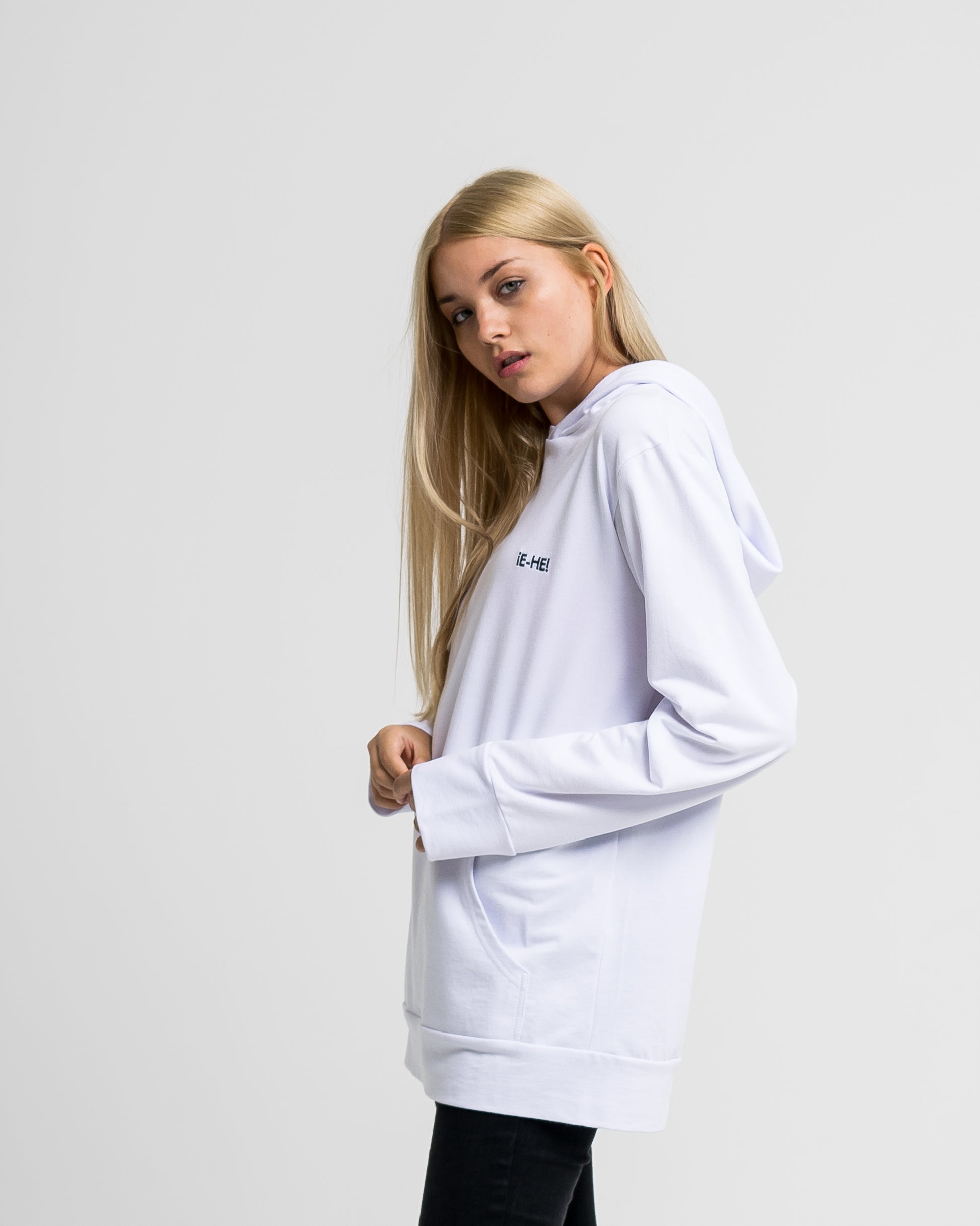 EHE Apparel white unisex hoodie with black embroidered logo