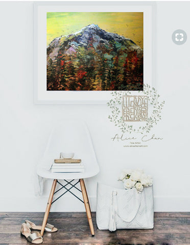"Mountain Rainier in Yellow Sky", 24"x36", 2016, acrylic on canvas, original art, mountain artwork