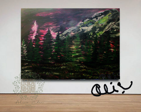 "Mountain Rainier in Purple Sky", 24"x36", 2016, acrylic on canvas, original art, mountain artwork