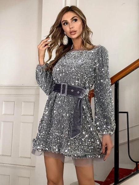 Missord Lantern Sleeve Sequin Dress With Belt M0979