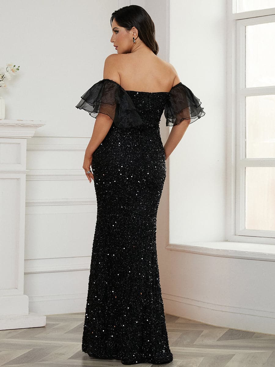 Missord Off Shoulder Mesh Sleeve Maxi Black Sequin Prom Dress WY69 ...