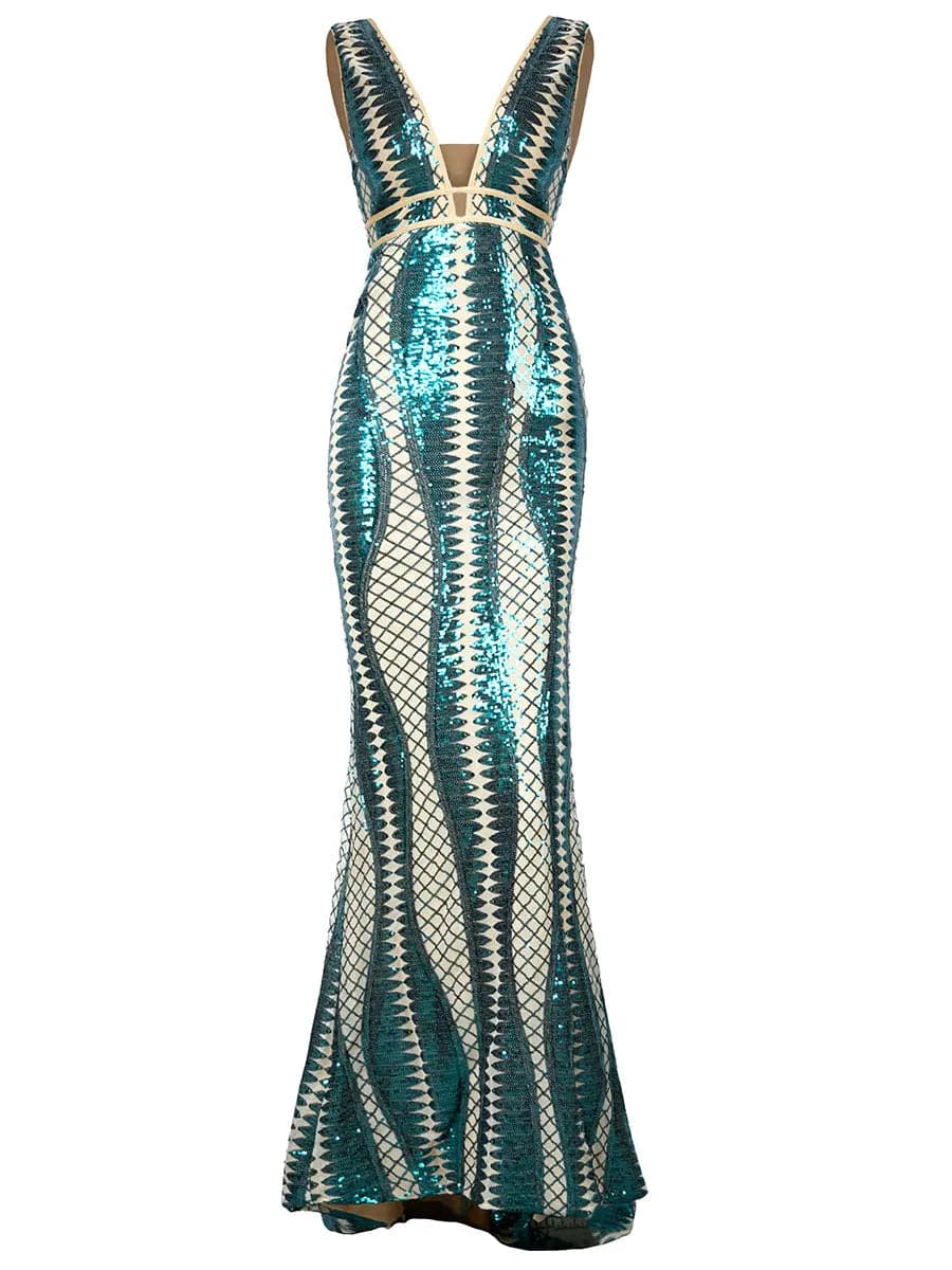 Missord Plunging Neck Geo Sequin Emerald Green Maxi Prom Dress – MISS ORD