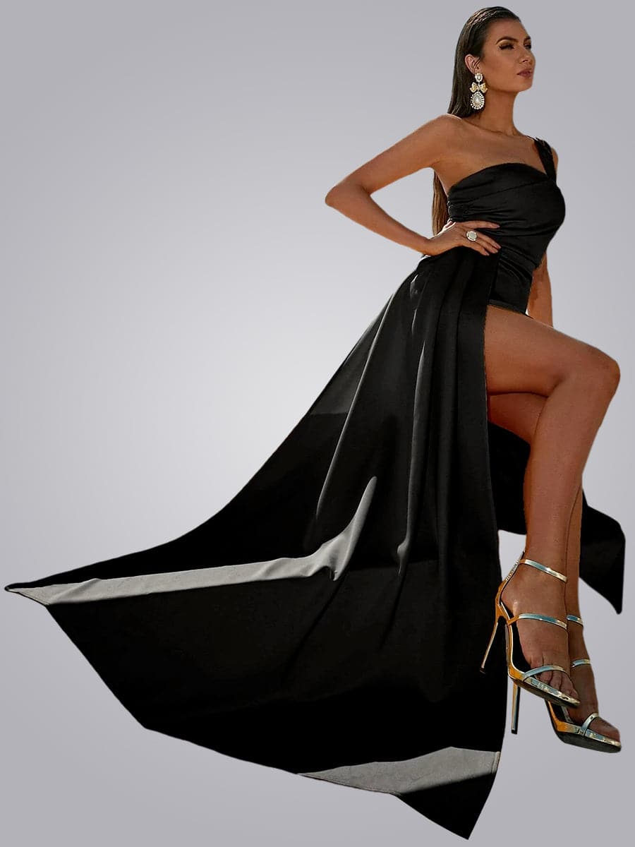 Formal One Shoulder Draped Black Prom Dress XJ1050
