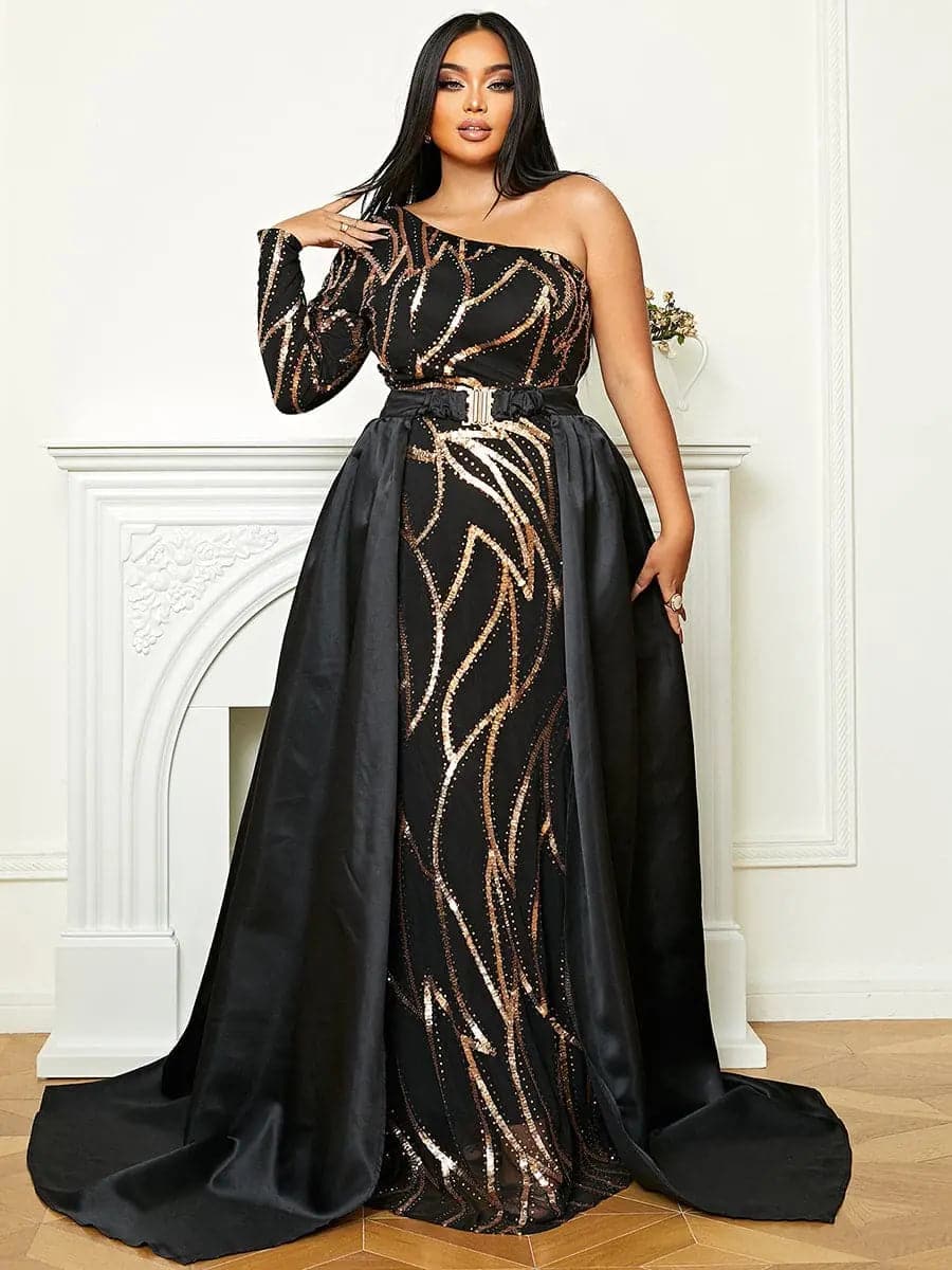 Missord One Shoulder A-Line Draped Black Sequin Maxi Prom Dress XH2172 ...