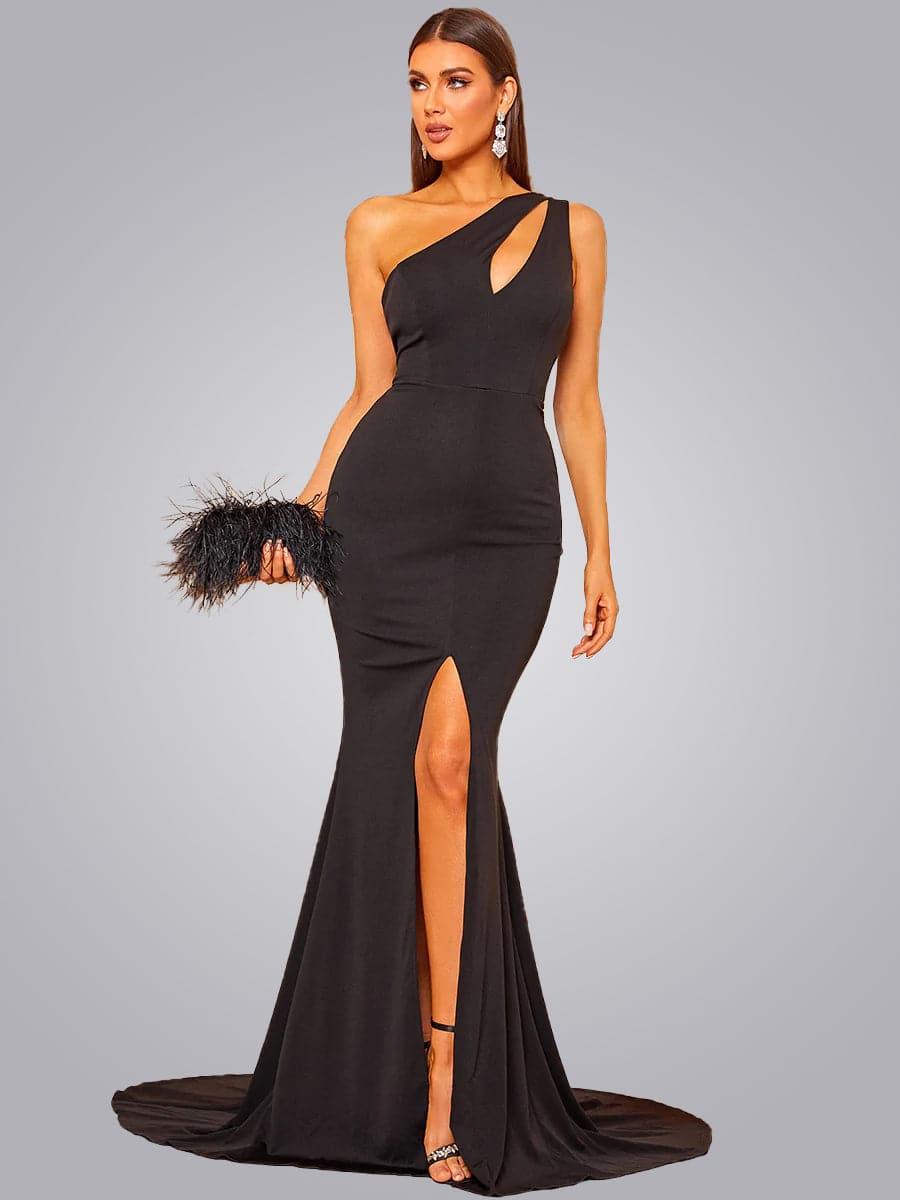 One Shoulder Split Thigh Cut-out Black Prom Dress MS011 – MISS ORD