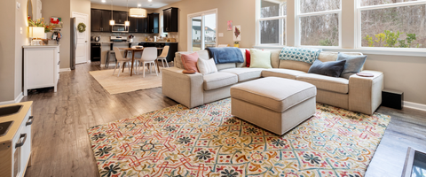 A cozy, well-decorated living room with a beautiful carpet