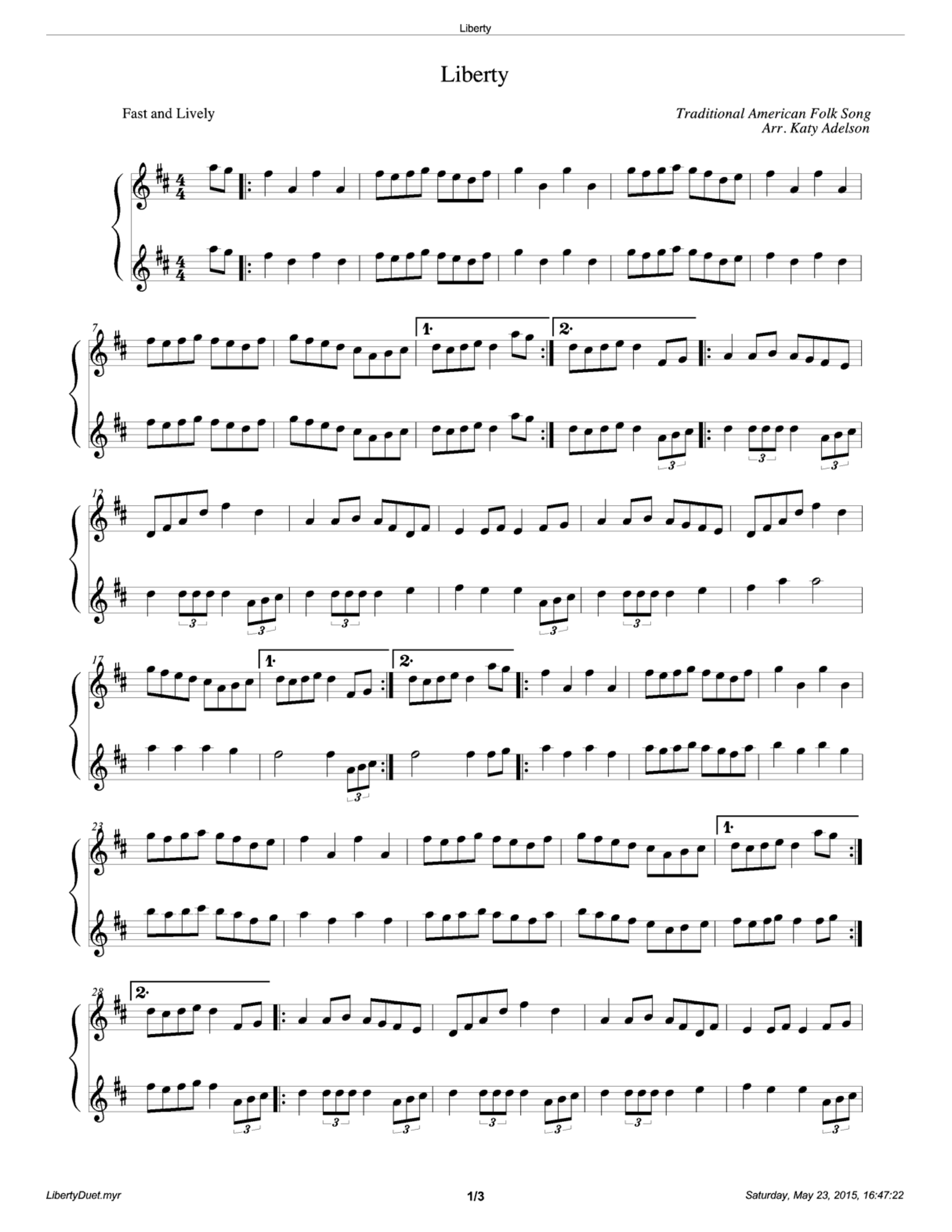 Liberty Violin Duet Sheet Music Arranged By Katy Adelson Golden Aspen Music
