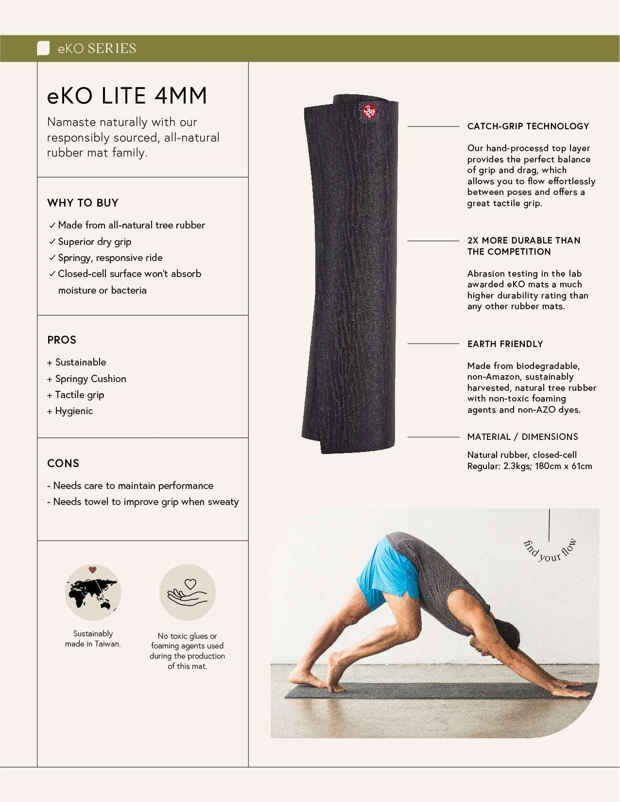 Tapis de Yoga eKO Lite Gomme naturelle Manduka - 4mm - Tayrona Yoga