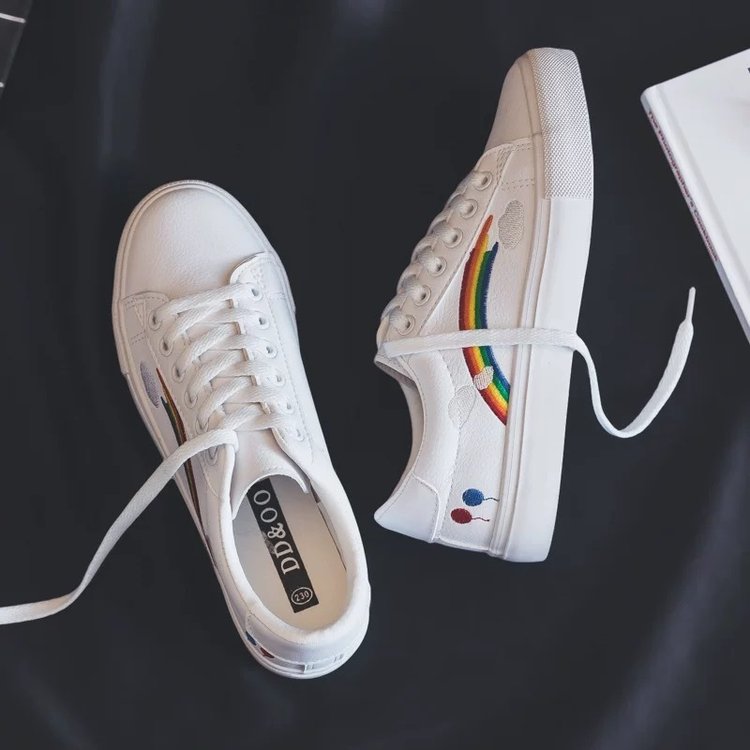 2019 Women Casual Flats Rainbow Lace-up 