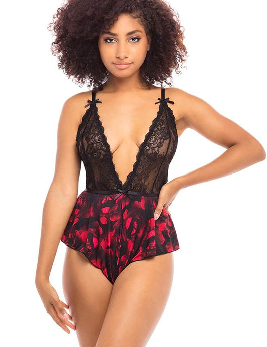 Red Plunge Halter Lace Teddy X47001