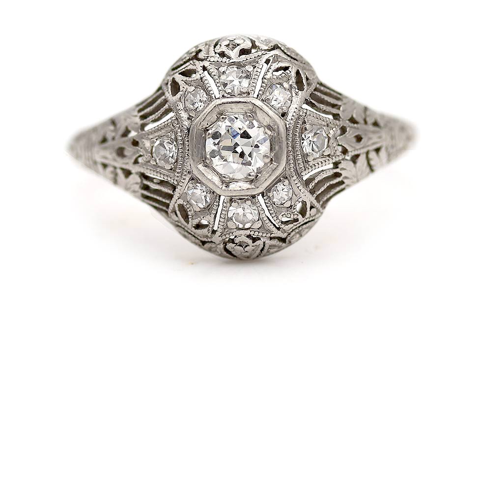 Edwardian .41 CTW Old European Cut Diamond Dome Platinum Vintage Engagement Ring