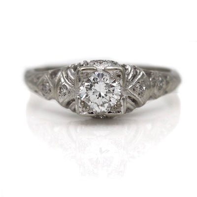 Vintage Transitional Cut Square Diamond Engagement Ring