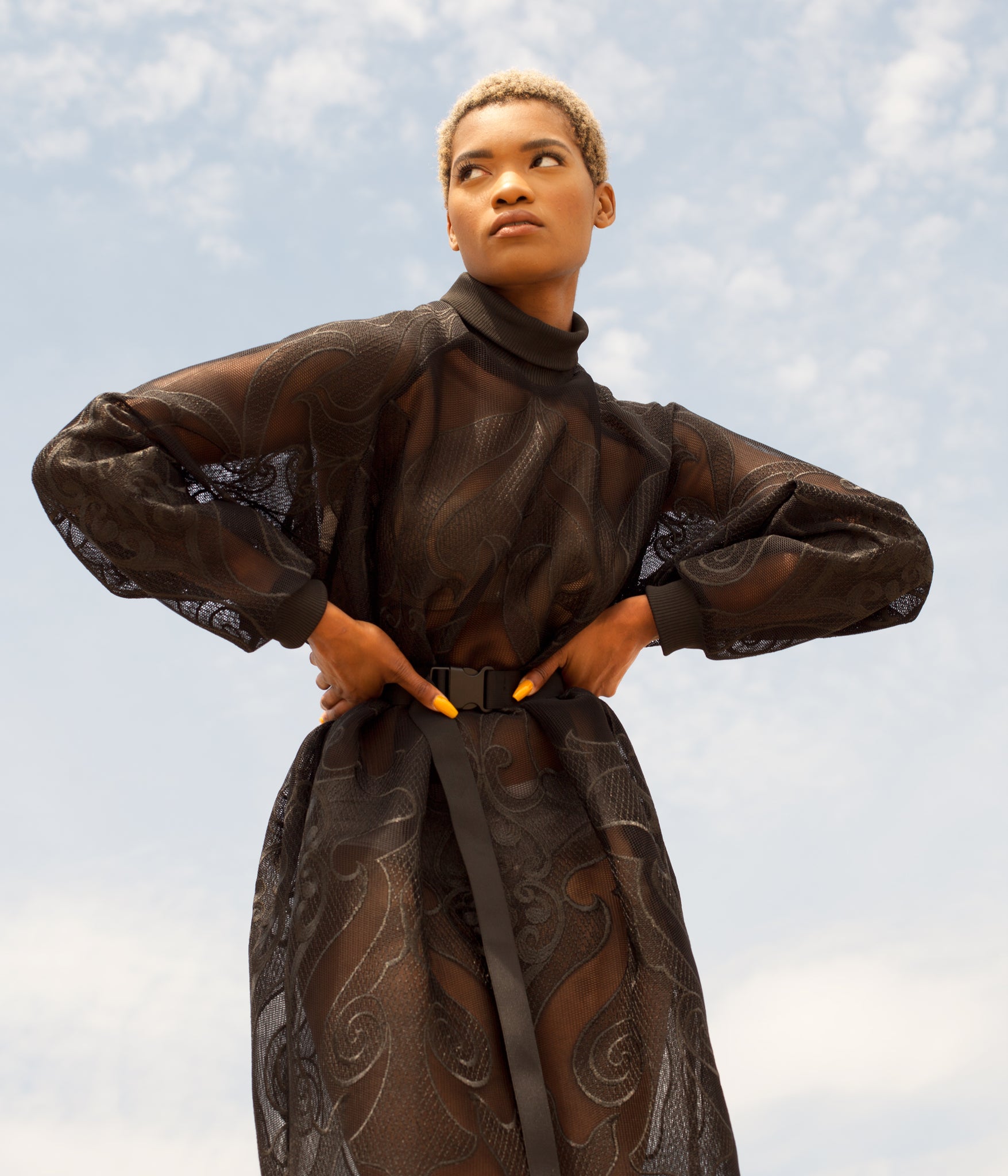 photo of model wearing the House of Glass Hot Mesh Dress with the sky in the background