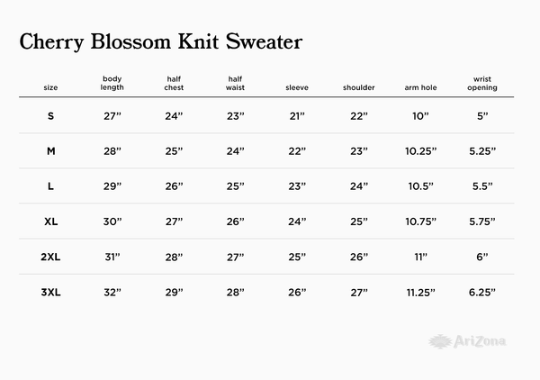 Cherry Blossom Knit Sweater Size Chart