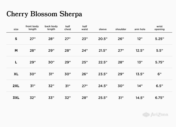 Cherry Blossom Sherpa size chart