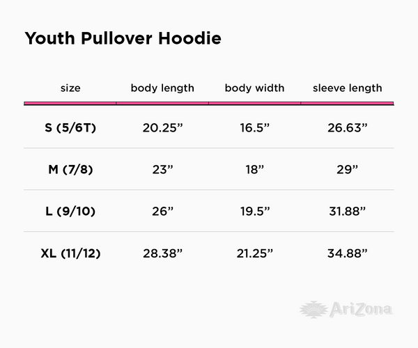 Youth Pullover Hoodie size chart