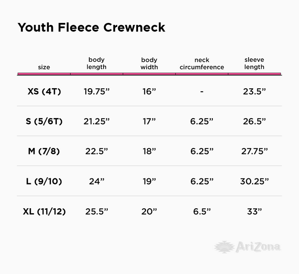 Youth Fleece Crewneck size chart