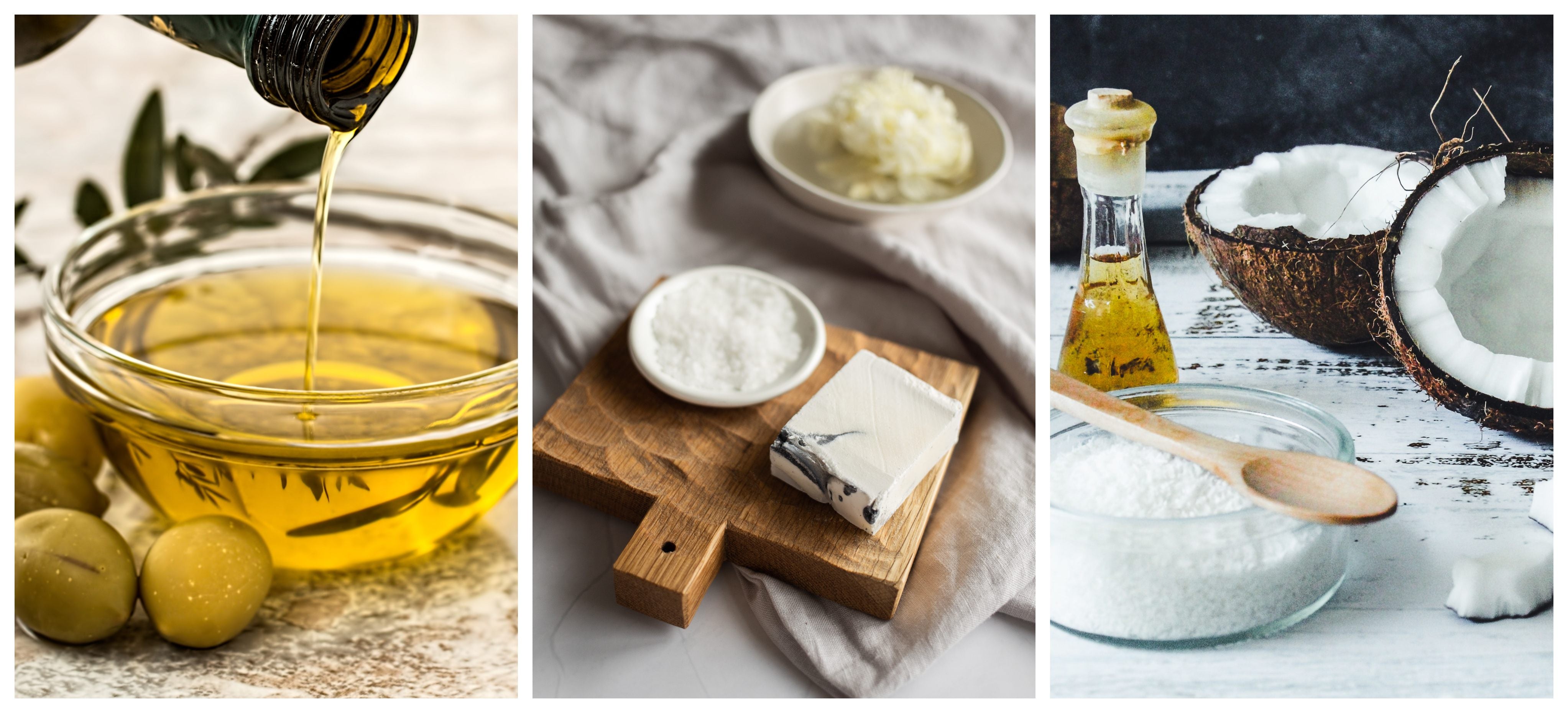 image collage of cocoa butter, coconut oil and olive oil