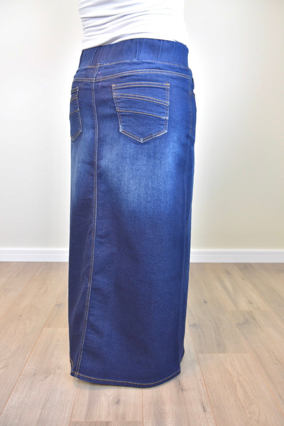 long dark denim skirt