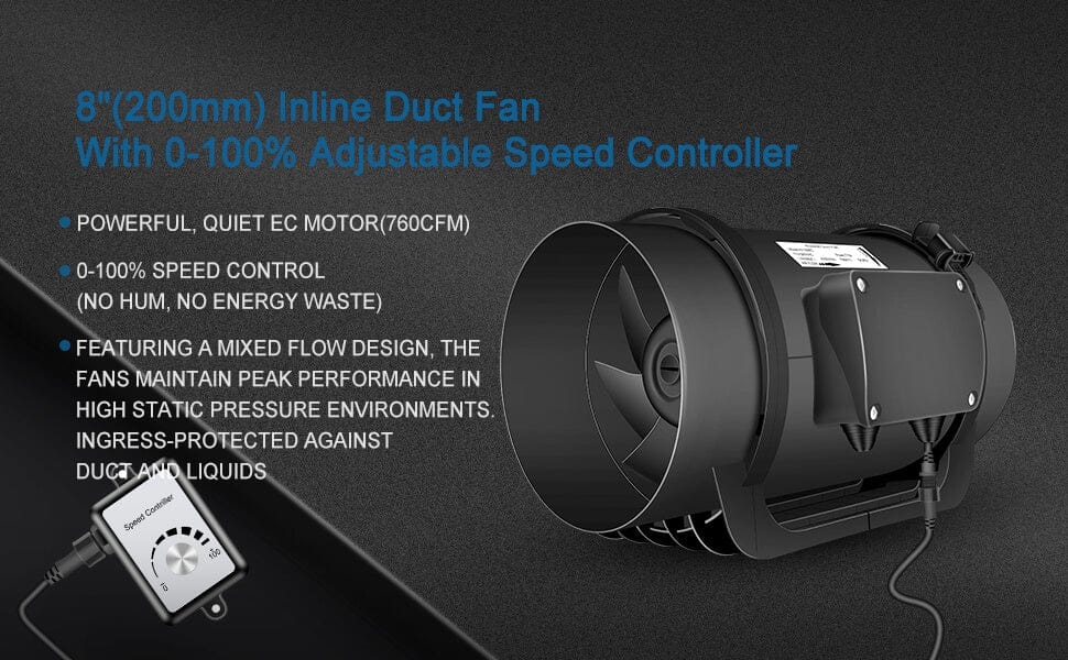 Inline Duct Vent Fan With Variable Speed Controller 8 Inch 110v 760cfm Honandguan 