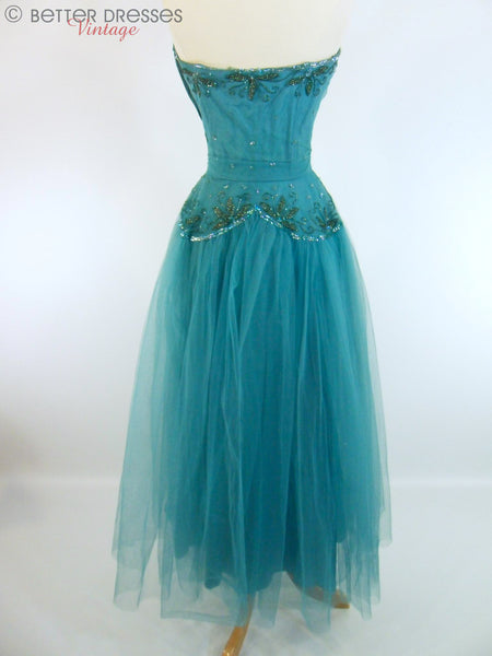 Vtg 50s Strapless Nip Waist Full Skirt Party Dress Prom Teal Blue ...