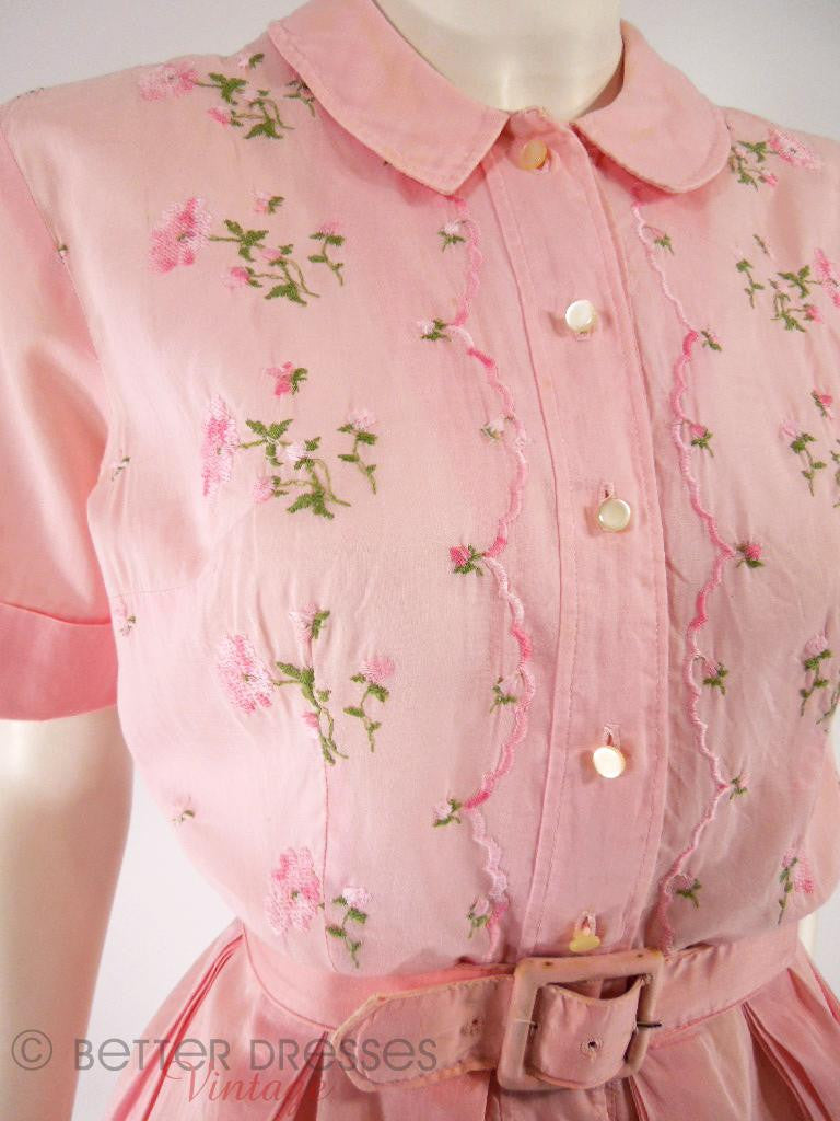 Vtg 50s 60s Embroidered Pink Cotton Full Skirt Shirtwaist Day Dress ...