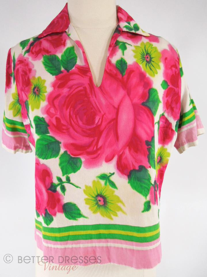 Vintage 1960s Pink Roses Swing Top Fuchsia and Green V-Neck Blouse - lg ...