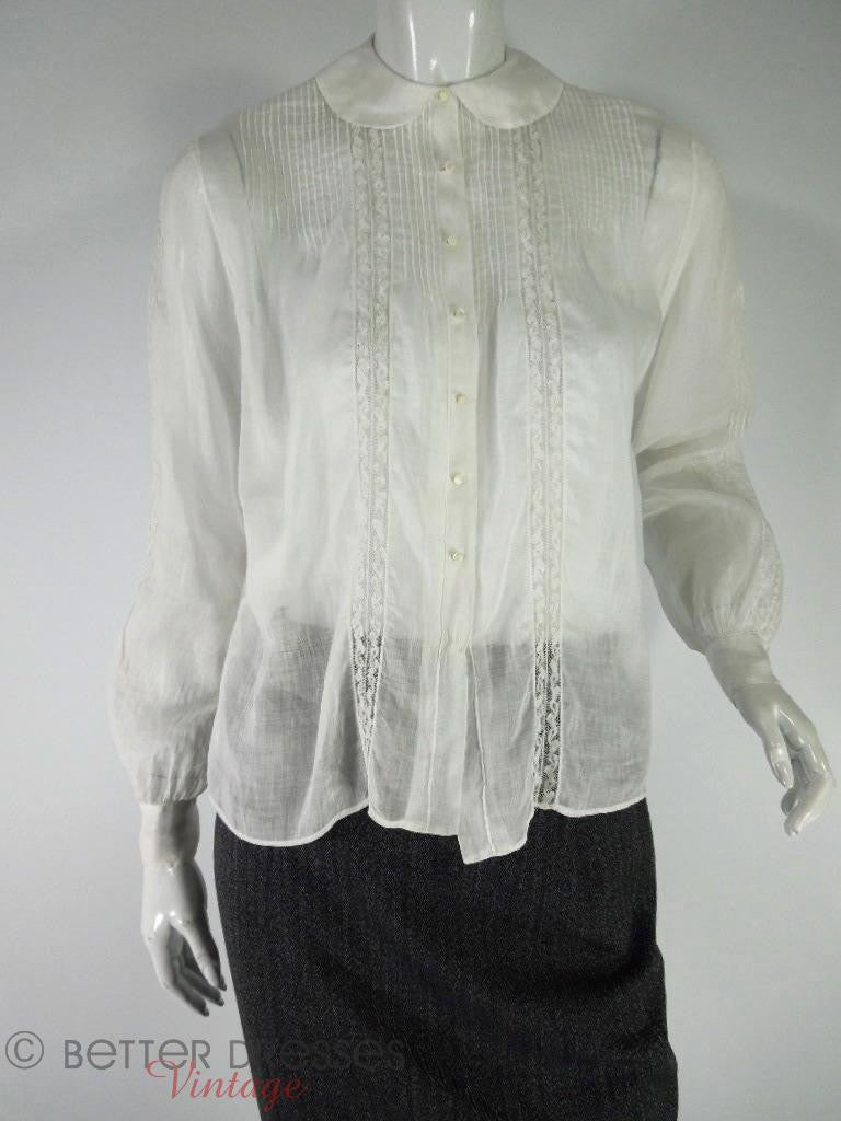 Vintage 40s White Long Sleeve Pintucked Blouse With Lace Insets - small ...