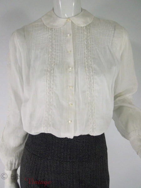 Vintage 40s White Long Sleeve Pintucked Blouse With Lace Insets - small ...