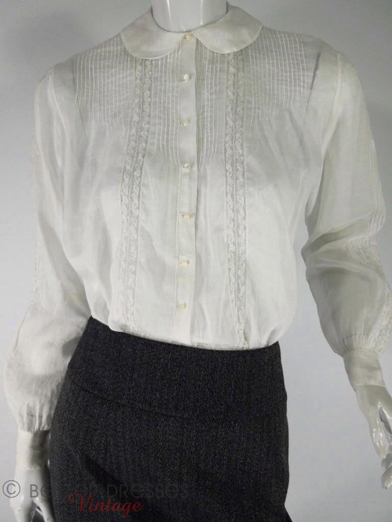 Vintage 40s White Long Sleeve Pintucked Blouse With Lace Insets - small ...